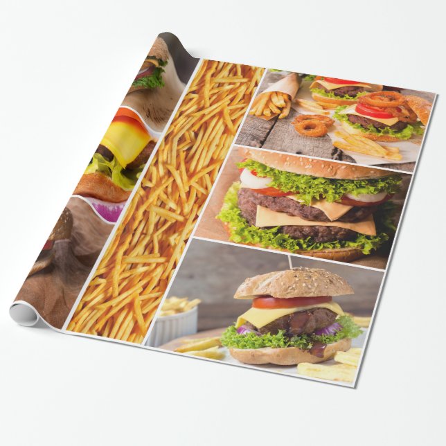 Burgers and Fries Fast Food Collage Wrapping Paper (Unrolled)