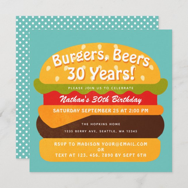 Burgers, Beers Birthday Invitation (Front/Back)
