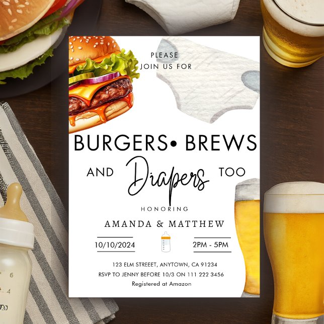 Burgers, Brews Diapers Casual Couple Baby Shower  Invitation (Burgers Brews Diapers Casual Couple Baby Shower Invitation)