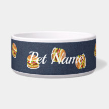 Burgers on blue denim pattern dog bowl