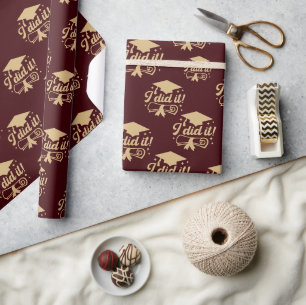 Burgubdy and Gold script I did it Graduation Wrapping Paper