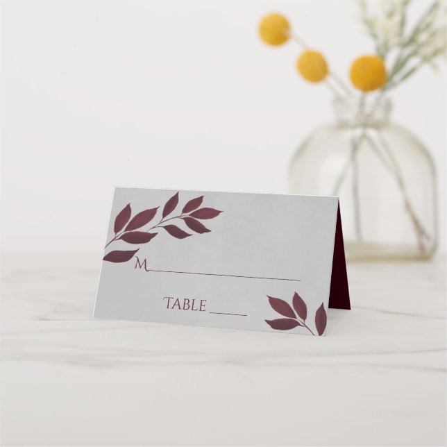 Burgund Leaves on Grey Elegant Wedding Write-In Place Card (Front)