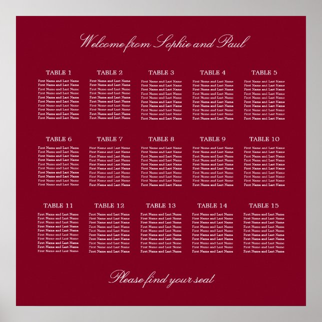 Burgundy 15 Table Wedding Seating Chart Poster (Front)