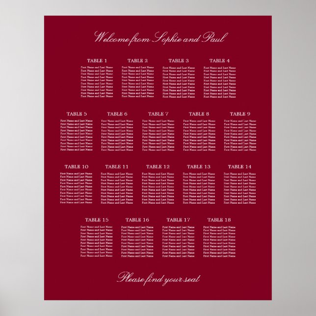Burgundy 18 Table Wedding Seating Chart Poster (Front)