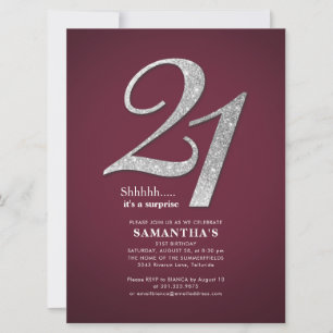 Burgundy 21st Birthday Party Silver Glitter Invitation