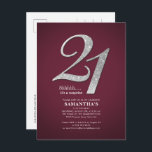 Burgundy 21st Birthday Sliver Glitter Daughter Invitation Postcard<br><div class="desc">Create your own modern burgundy 21st birthday surprise with your party details on burgundy background and popular fonts you can easily change by clicking the "Personalise" button</div>