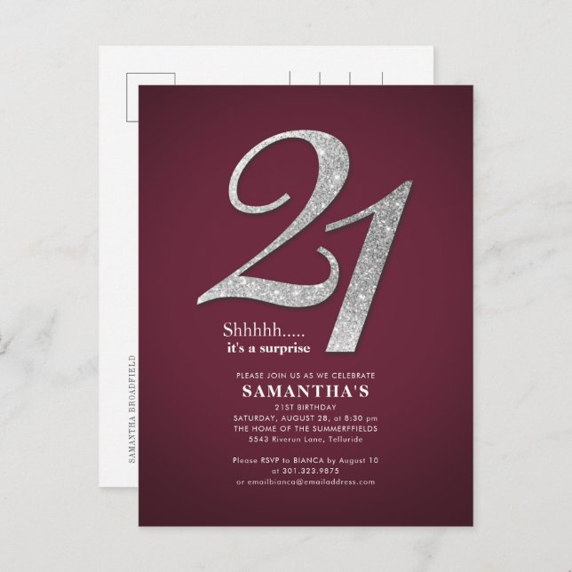Burgundy 21st Birthday Sliver Glitter Daughter Invitation Postcard (Front/Back)