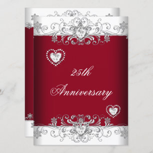 Burgundy 25th Wedding Anniversary Diamond Hearts Invitation