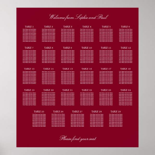 Burgundy 29 Table Wedding Seating Chart Poster (Front)