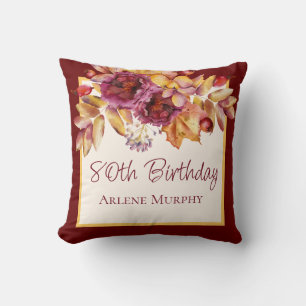 Burgundy 2 Sun Yellow Autumn Rose 80th Birthday Cushion