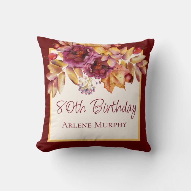 Burgundy 2 Sun Yellow Autumn Rose 80th Birthday Cushion (Front)