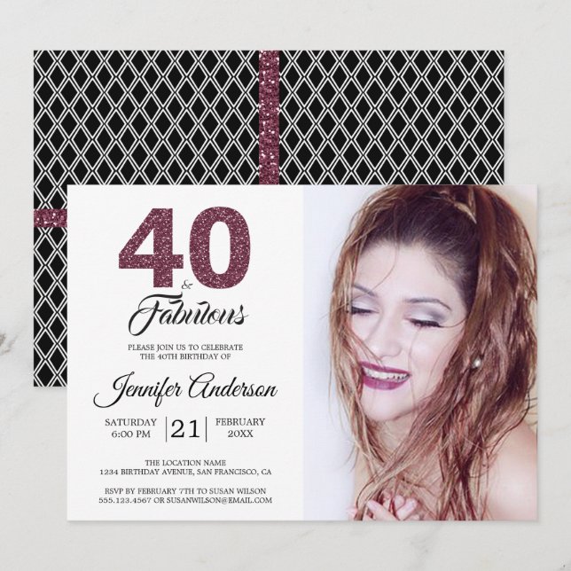 Burgundy 40 and Fabulous 40th Birthday Photo Invitation (Front/Back)