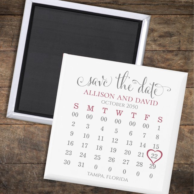 Burgundy 6 Rows Calendar Save the Date Wedding Magnet (Save the date calendar magnet.)