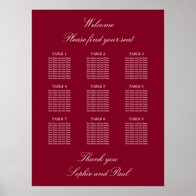 Burgundy 9 Table Wedding Seating Chart Poster (Front)