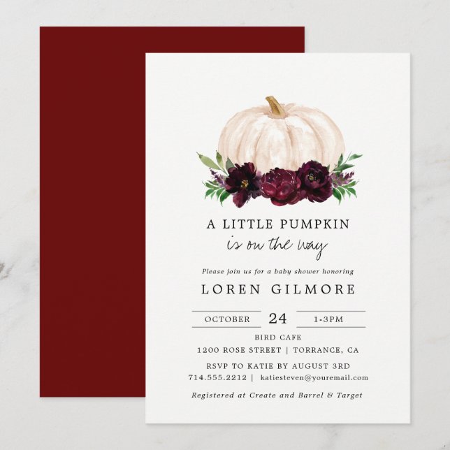 Burgundy A Little Pumpkin Baby Shower Invitation (Front/Back)