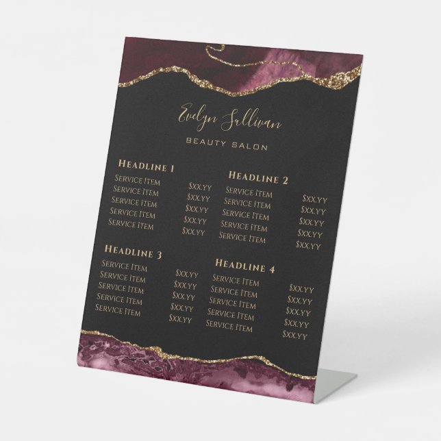 Burgundy Agate Beauty Salon Price List  Pedestal Sign (Front)