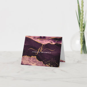 Burgundy Agate Geode Gold Glitter Monogram Script Note Card