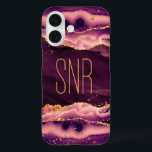 Burgundy Agate Geode Monogram Name Gold Glitter iPhone 16 Case<br><div class="desc">Elegant, stylish personalized cell phone case featuring burgundy magenta agate, geode and marble with faux gold glitter with a monogram, initials or name shown in an editable modern font style in gold. PHONE OPTIONS: The sample is shown on an iPhone 16 Barely There case style--other phone models and case styles...</div>