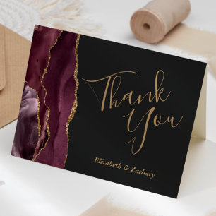 Burgundy Agate Gold Dark Wedding Thank You Card