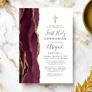  Burgundy Agate Gold Glitter First Holy Communion Invitation