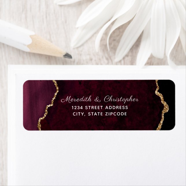 Burgundy Agate Gold Glitter Wedding Return Address Label (Insitu)