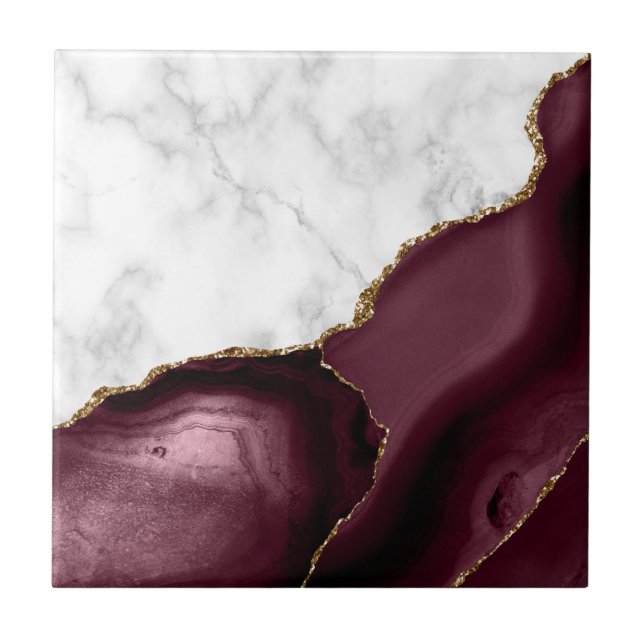 Burgundy Agate Gold Glitter White Marble Ceramic Tile (Front)