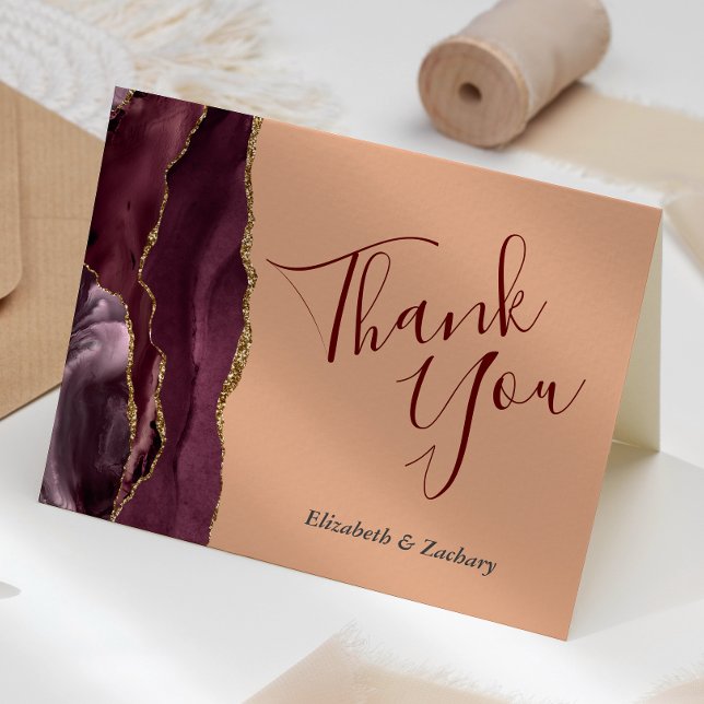 Burgundy Agate Gold Peach Wedding Thank You Card (Creator Uploaded)