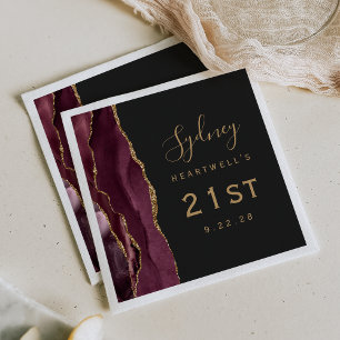 Burgundy Agate Gold Script Dark 21st Birthday Napkin