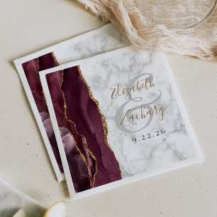 Burgundy Agate Marble Gold Script Wedding Napkin