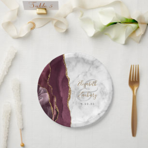 Burgundy Agate Marble Gold Script Wedding Paper Plate