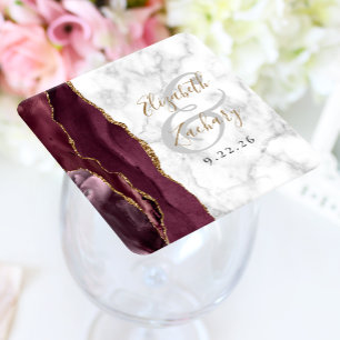 Burgundy Agate Marble Gold Script Wedding Square Paper Coaster