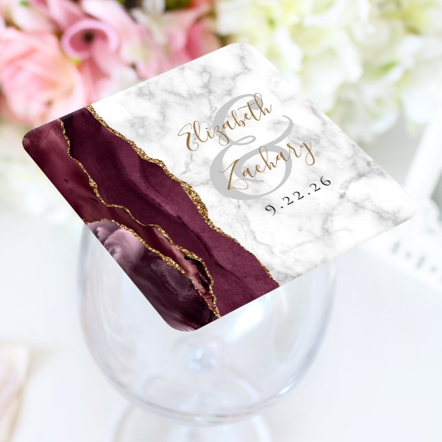 Burgundy Agate Marble Gold Script Wedding Square Paper Coaster (Creator Uploaded)