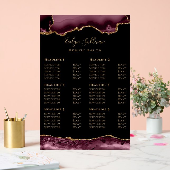Burgundy Agate Price List Acrylic Sign (Wedding)