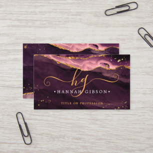 Burgundy Agate Script Monogram Faux Gold Glitter Business Card