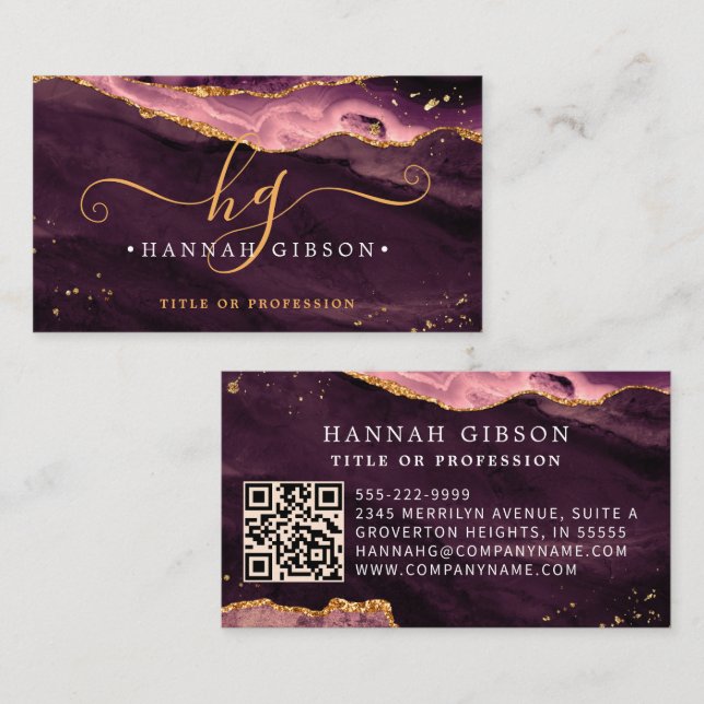  Burgundy Agate Script Monogram QR Code Business Card (Front/Back)