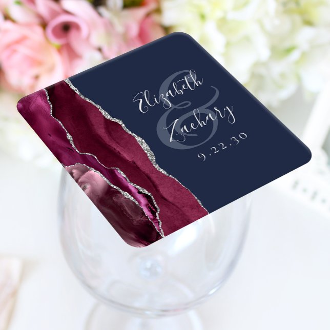 Burgundy Agate Script Silver Navy Blue Wedding Square Paper Coaster (Creator Uploaded)