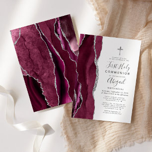 Burgundy Agate Silver Glitter First Holy Communion Invitation