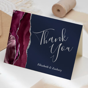 Burgundy Agate Silver Glitter Navy Blue Thank You Card