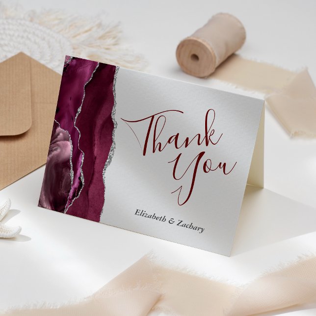 Burgundy Agate Silver Light Grey Wedding Thank You Card (Creator Uploaded)