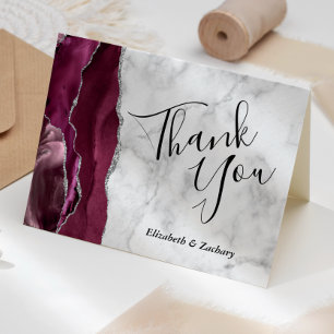 Burgundy Agate Silver Marble Wedding Thank You Card