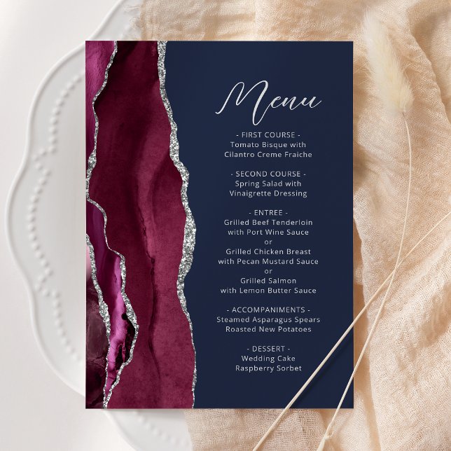 Burgundy Agate Silver Script Navy Blue Wedding Menu (Creator Uploaded)