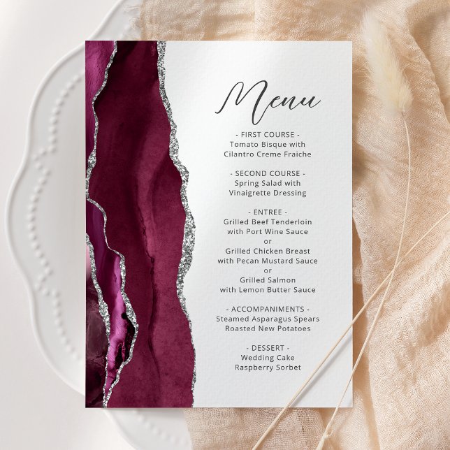Burgundy Agate Silver Script Wedding Menu (Creator Uploaded)