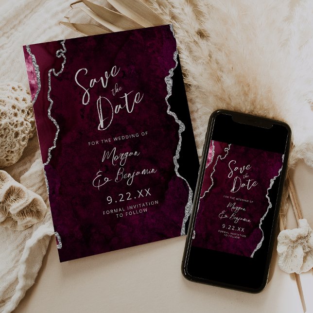 Burgundy Agate Silver Script Wedding Save the Date Invitation (Creator Uploaded)