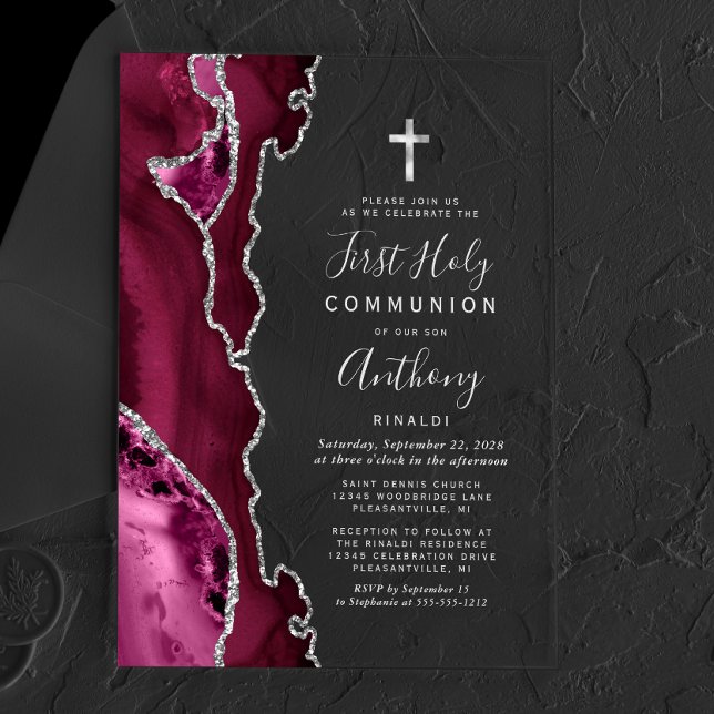 Burgundy Agate Silver Text First Holy Communion Acrylic Invitations (Creator Uploaded)