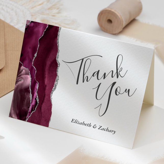 Burgundy Agate Silver Wedding Thank You Card (Creator Uploaded)