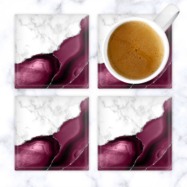 Burgundy Agate White Marble Silver Glitter Glass Coaster (Creator Uploaded)