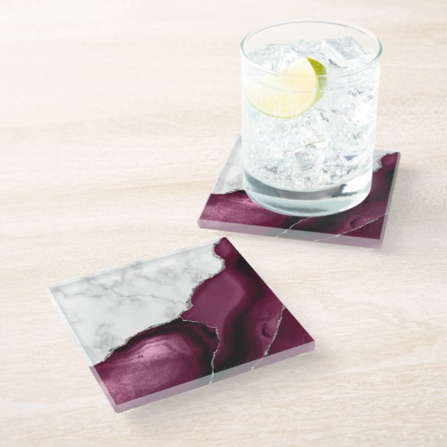 Burgundy Agate White Marble Silver Glitter Glass Coaster (Angled)