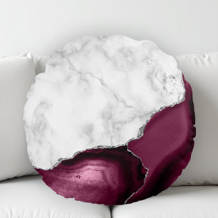Burgundy Agate White Marble Silver Glitter Round Cushion