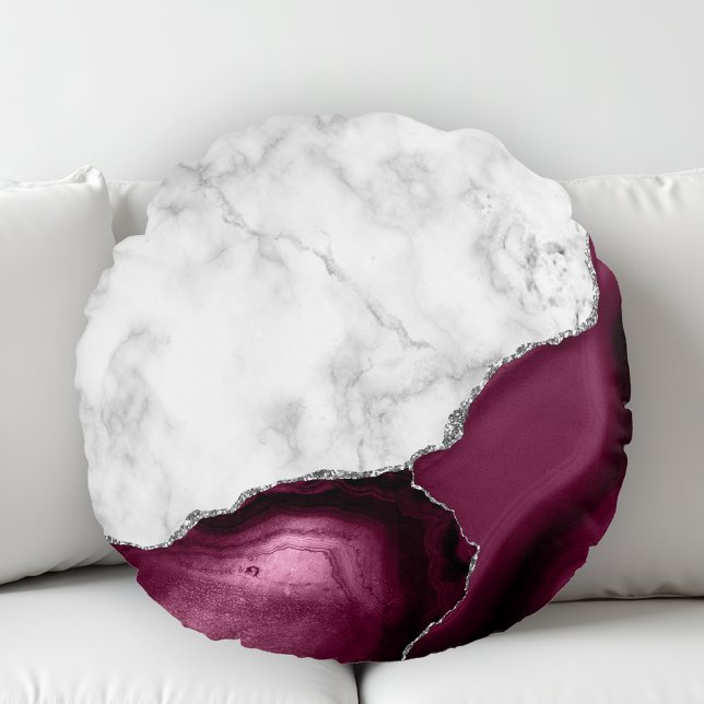 Burgundy Agate White Marble Silver Glitter Round Cushion (Creator Uploaded)