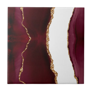 Burgundy Agate with Gold Glitter Veins Ceramic Tile